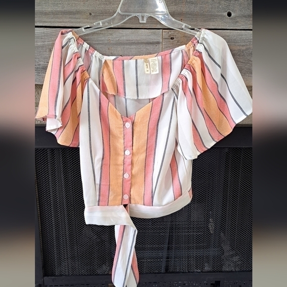 Japna Med Striped Creamsicle Short Sleeve Tie Waist Cropped Top  Blouse V-neck - Picture 2 of 10